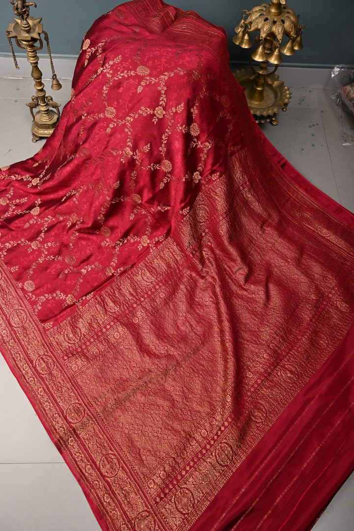 Rose Red Mysore Silk Saree with Antique Zari Floral Jaal and Zari Border | SILK MARK CERTIFIED | SHOBITAM