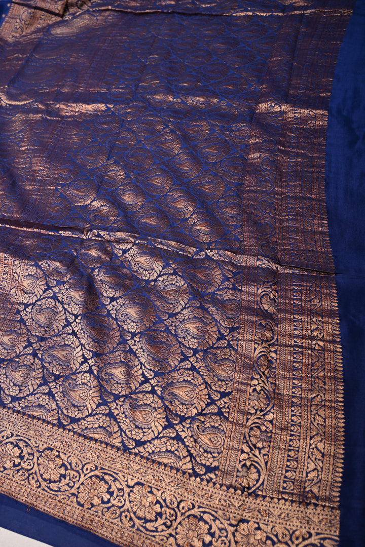 Navy Blue Mysore Silk Saree with Antique Zari Buttis Brocade and Paisley Wide Zari Border | SILK MARK CERTIFIED | SHOBITAM