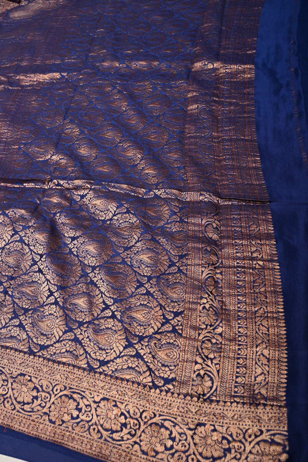 Navy Blue Mysore Silk Saree with Antique Zari Buttis Brocade and Paisley Wide Zari Border | SILK MARK CERTIFIED | SHOBITAM