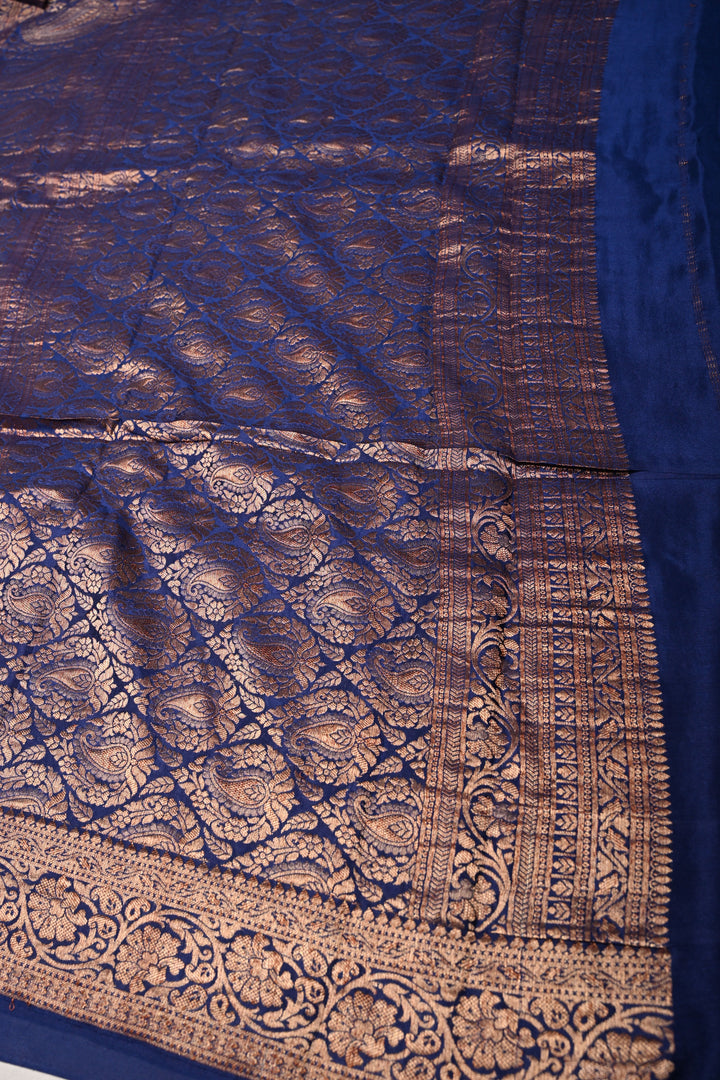 Navy Blue Mysore Silk Saree with Antique Zari Buttis Brocade and Paisley Wide Zari Border | SILK MARK CERTIFIED | SHOBITAM
