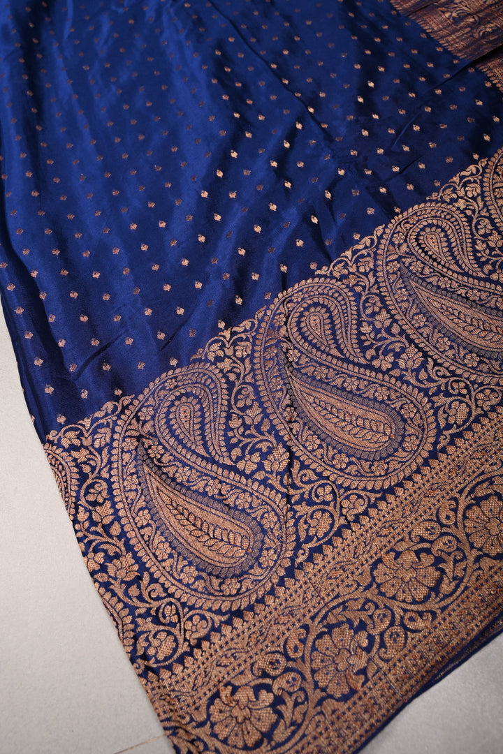 Navy Blue Mysore Silk Saree with Antique Zari Buttis Brocade and Paisley Wide Zari Border | SILK MARK CERTIFIED | SHOBITAM