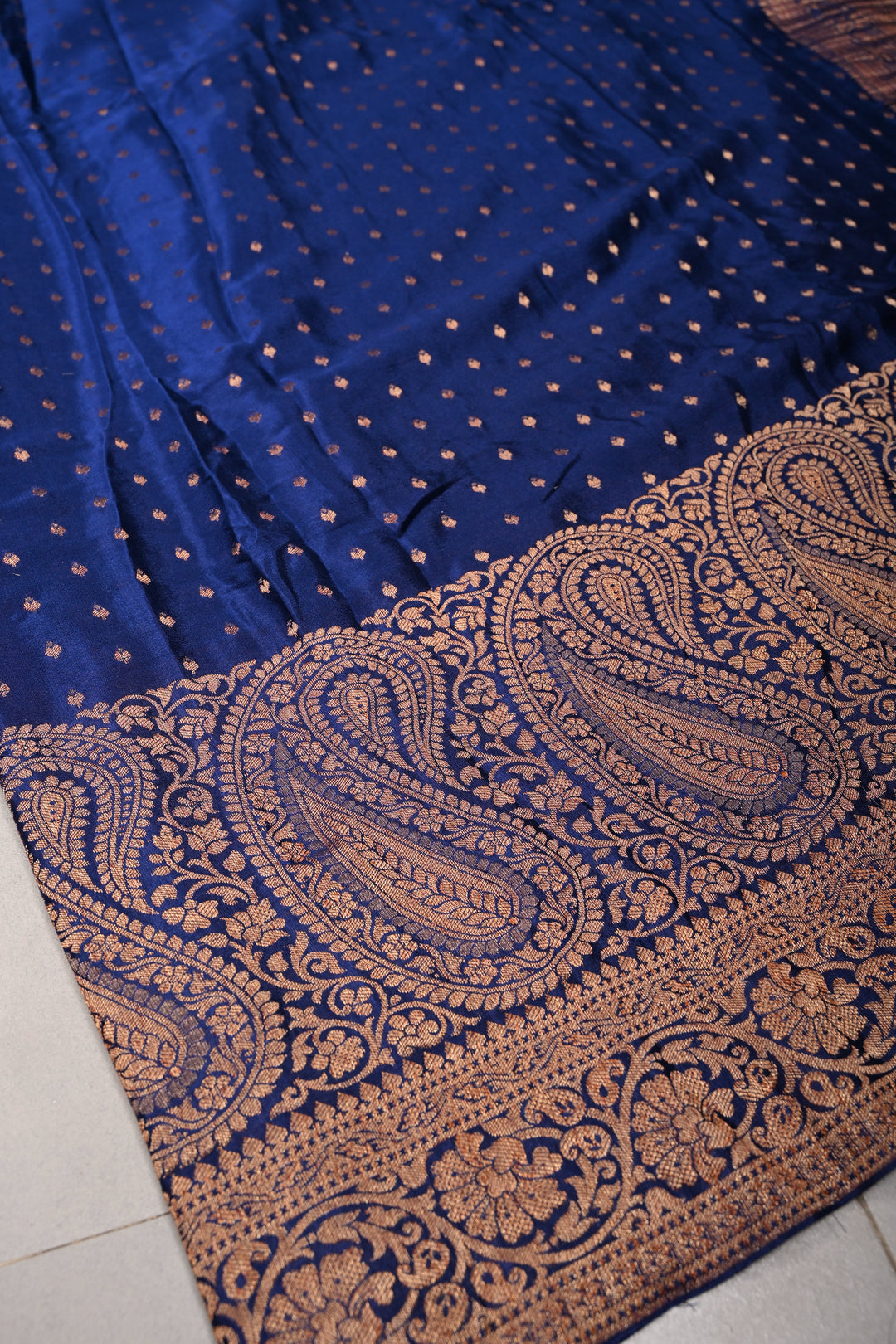 Navy Blue Mysore Silk Saree with Antique Zari Buttis Brocade and Paisley Wide Zari Border | SILK MARK CERTIFIED | SHOBITAM