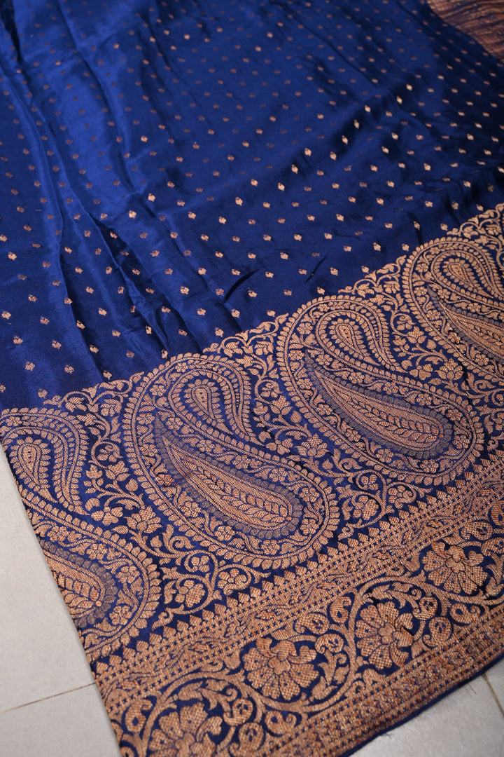Navy Blue Mysore Silk Saree with Antique Zari Buttis Brocade and Paisley Wide Zari Border | SILK MARK CERTIFIED | SHOBITAM