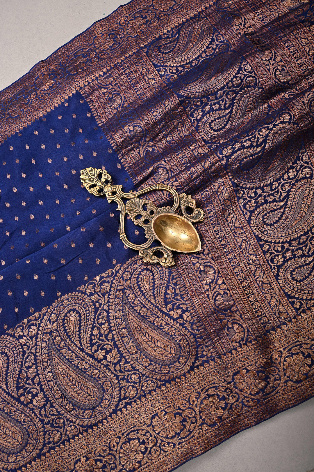 Navy Blue Mysore Silk Saree with Antique Zari Buttis Brocade and Paisley Wide Zari Border | SILK MARK CERTIFIED | SHOBITAM