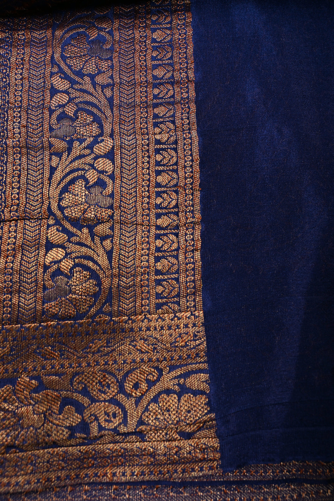 Navy Blue Mysore Silk Saree with Antique Zari Buttis Brocade and Paisley Wide Zari Border | SILK MARK CERTIFIED | SHOBITAM