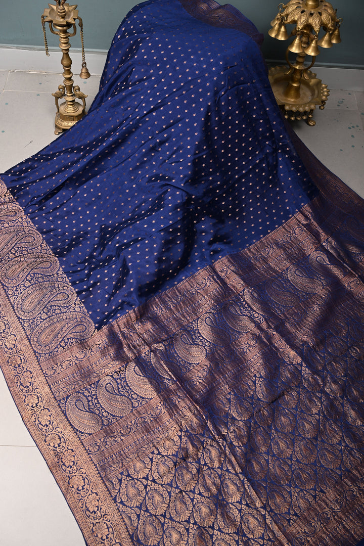 Navy Blue Mysore Silk Saree with Antique Zari Buttis Brocade and Paisley Wide Zari Border | SILK MARK CERTIFIED | SHOBITAM