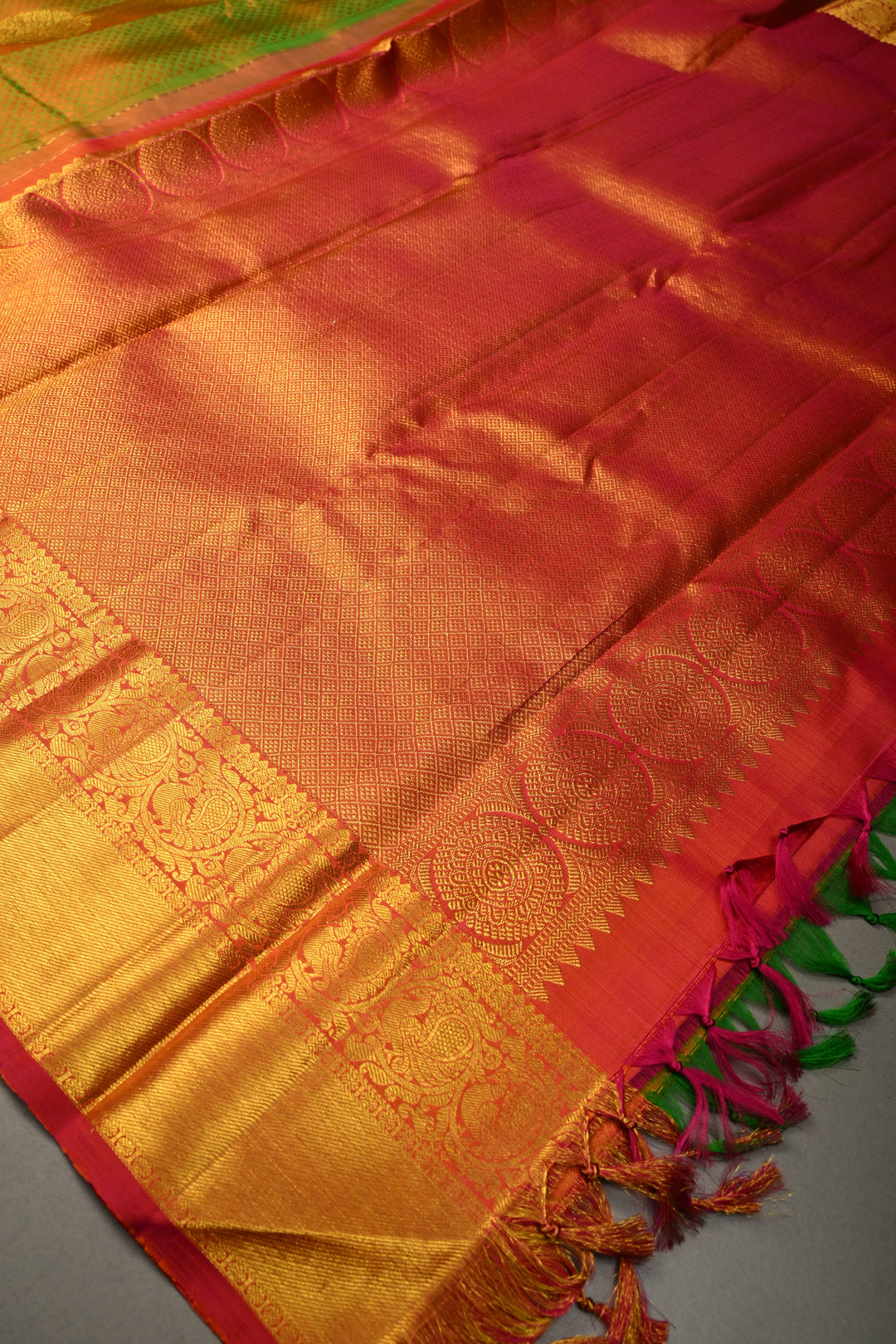 Henna Green Dual tone Self Brocade Kanjivaram Pure Silk Saree with Zari Buttas and Zari Border | SILK MARK CERTIFIED | SHOBITAM