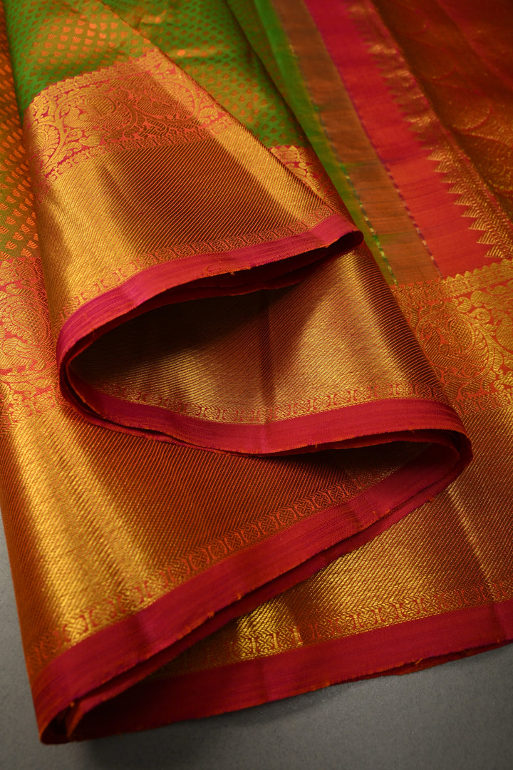 Henna Green Dual tone Self Brocade Kanjivaram Pure Silk Saree with Zari Buttas and Zari Border | SILK MARK CERTIFIED | SHOBITAM