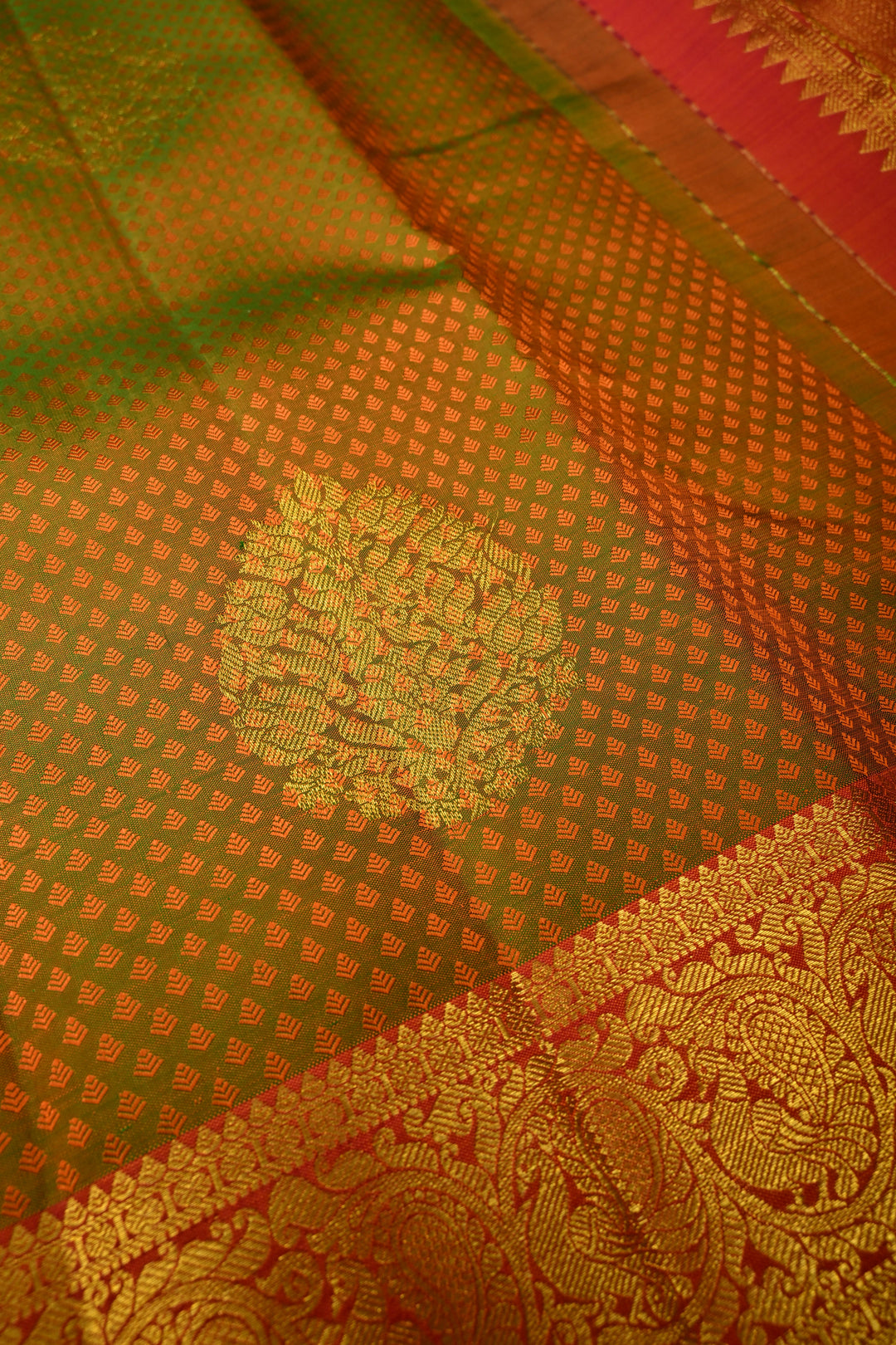 Henna Green Dual tone Self Brocade Kanjivaram Pure Silk Saree with Zari Buttas and Zari Border | SILK MARK CERTIFIED | SHOBITAM