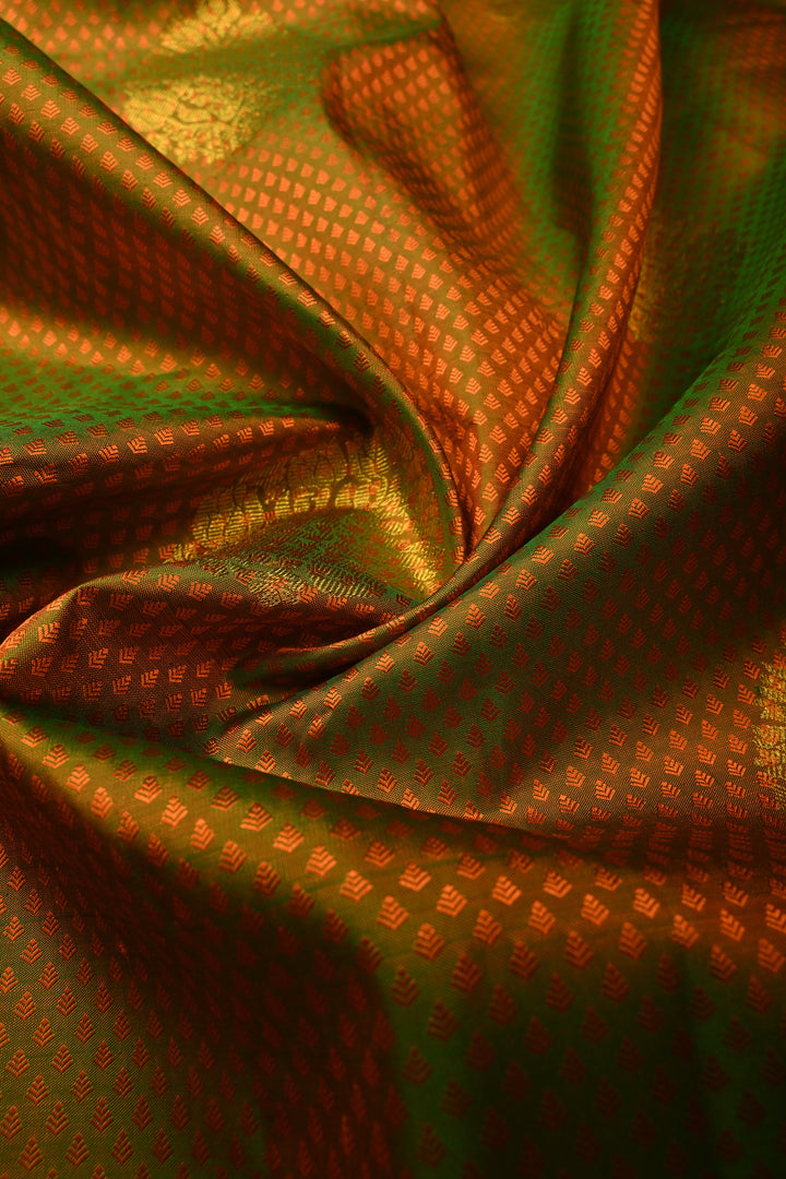 Henna Green Dual tone Self Brocade Kanjivaram Pure Silk Saree with Zari Buttas and Zari Border | SILK MARK CERTIFIED | SHOBITAM