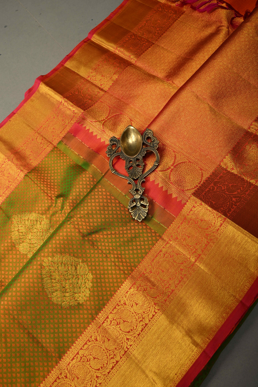 Henna Green Dual tone Self Brocade Kanjivaram Pure Silk Saree with Zari Buttas and Zari Border | SILK MARK CERTIFIED | SHOBITAM