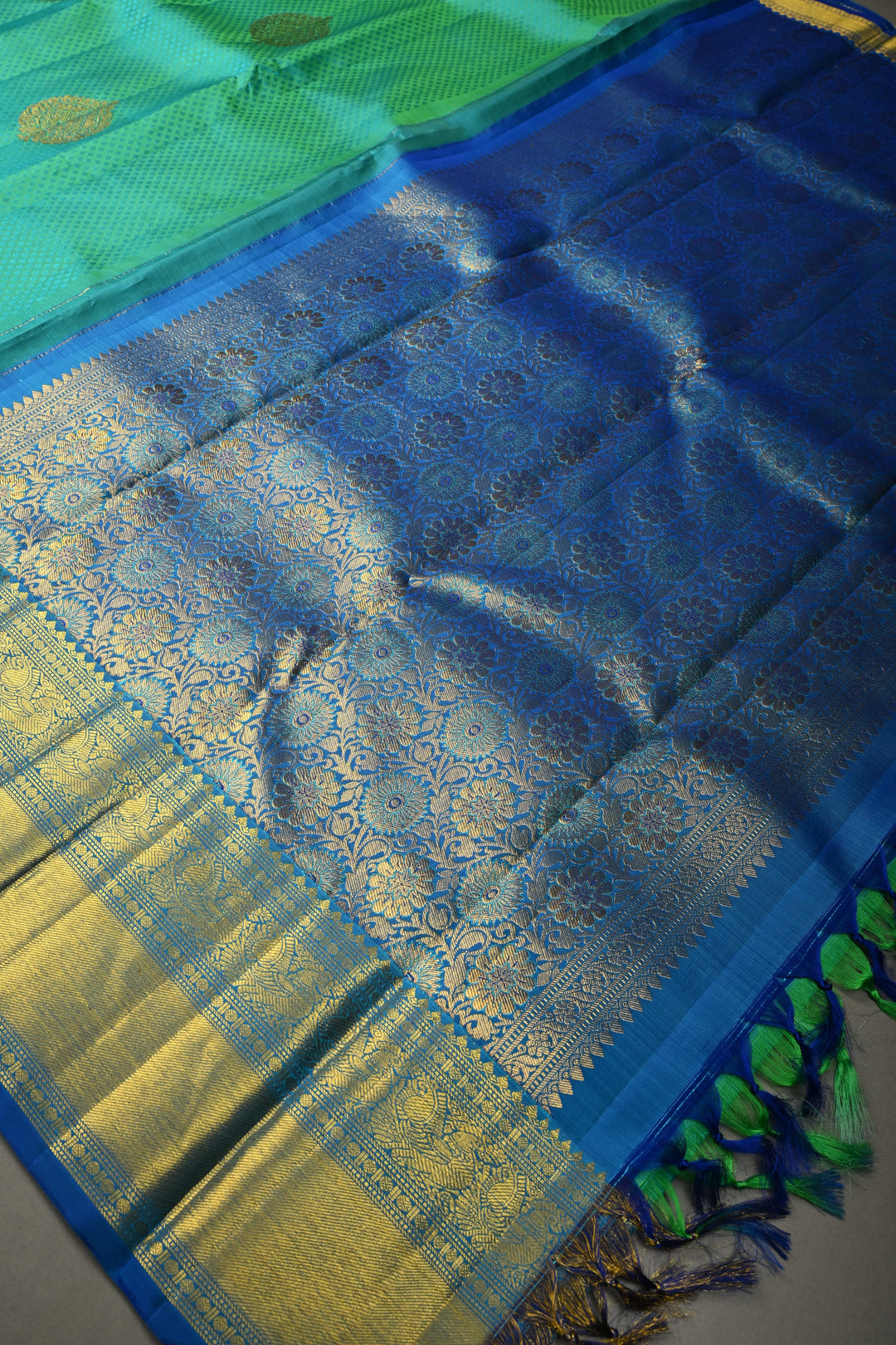 Blue-Green Dual Tone Self Brocade on Pure Kanjivaram Silk Handloom Saree with Damask Buttas and Zari Border| SILK MARK CERTIFIED | SHOBITAM