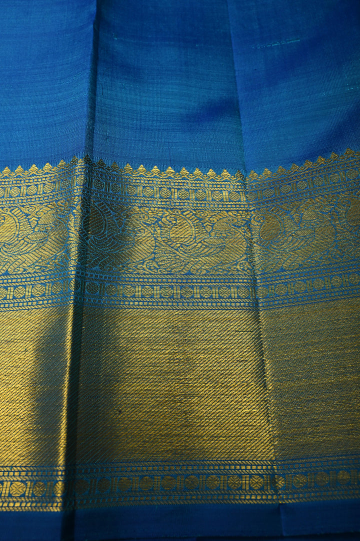 Blue-Green Dual Tone Self Brocade on Pure Kanjivaram Silk Handloom Saree with Damask Buttas and Zari Border| SILK MARK CERTIFIED | SHOBITAM