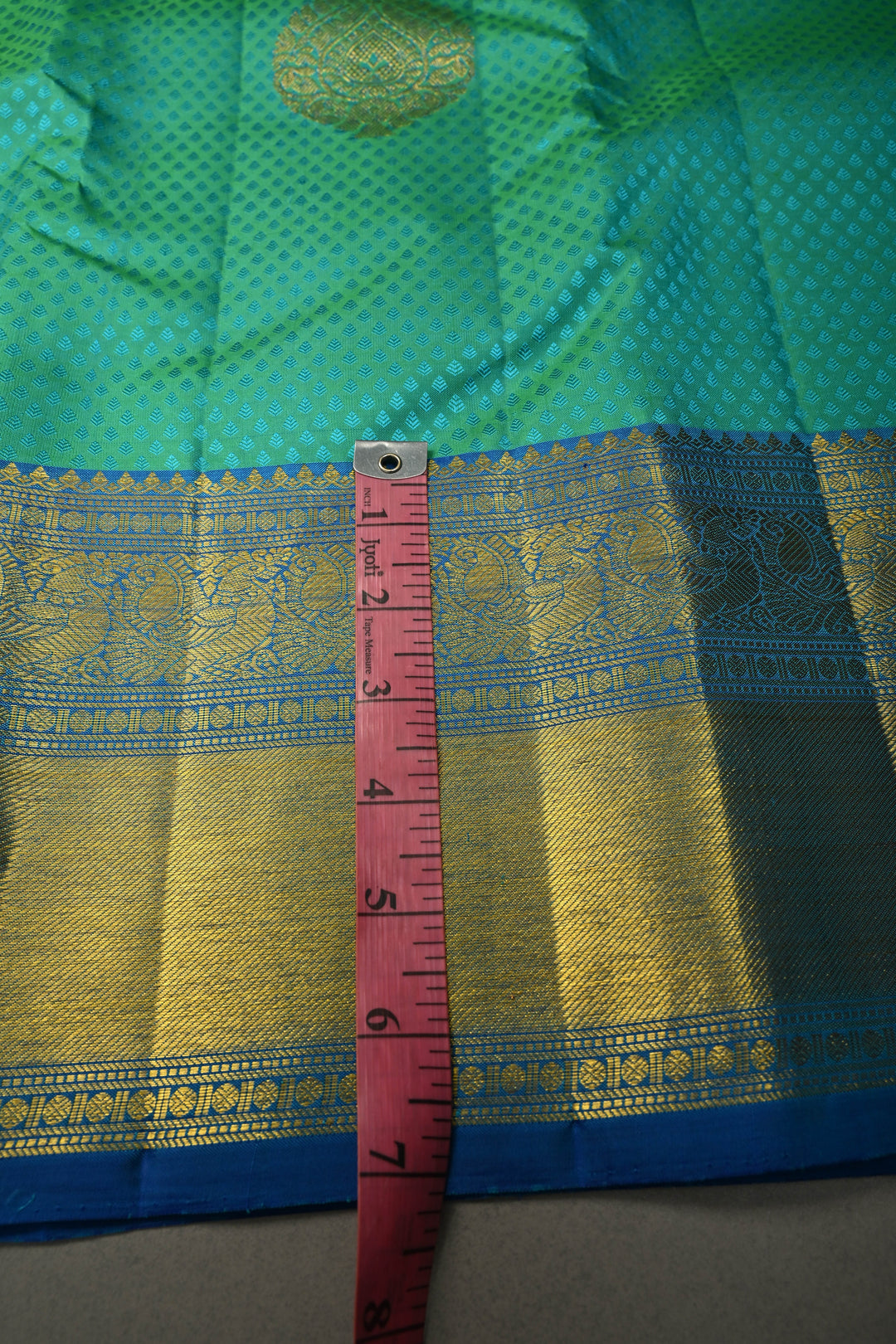 Blue-Green Dual Tone Self Brocade on Pure Kanjivaram Silk Handloom Saree with Damask Buttas and Zari Border| SILK MARK CERTIFIED | SHOBITAM