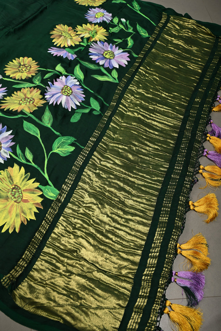 Bottle Green Modal Silk Saree with Blooming Daisy Flower Hand Painted and Lagda Patta Crushed Tissue Pallu | SHOBITAM