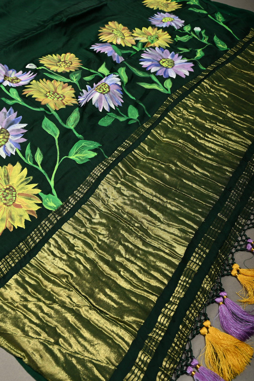 Bottle Green Modal Silk Saree with Blooming Daisy Flower Hand Painted and Lagda Patta Crushed Tissue Pallu | SHOBITAM