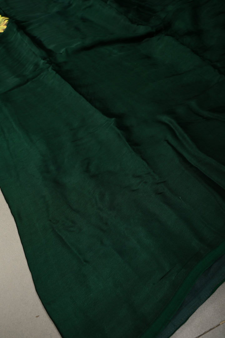 Bottle Green Modal Silk Saree with Blooming Daisy Flower Hand Painted and Lagda Patta Crushed Tissue Pallu | SHOBITAM