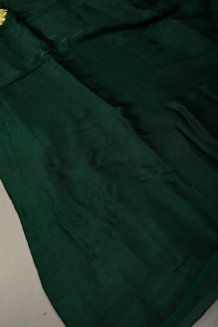 Bottle Green Modal Silk Saree with Blooming Daisy Flower Hand Painted and Lagda Patta Crushed Tissue Pallu | SHOBITAM