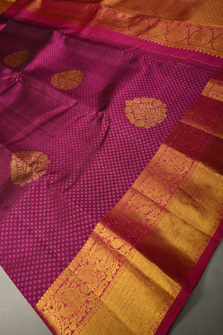 Magenta Dual Tone Self Brocade on Pure Kanjivaram Silk Handloom Saree with Damask Buttas and Zari Border| SILK MARK CERTIFIED | SHOBITAM