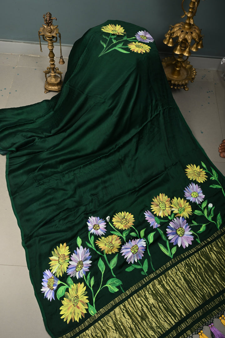 Bottle Green Modal Silk Saree with Blooming Daisy Flower Hand Painted and Lagda Patta Crushed Tissue Pallu | SHOBITAM