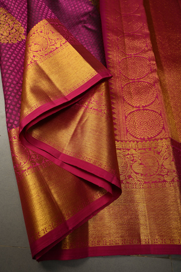 Magenta Dual Tone Self Brocade on Pure Kanjivaram Silk Handloom Saree with Damask Buttas and Zari Border| SILK MARK CERTIFIED | SHOBITAM