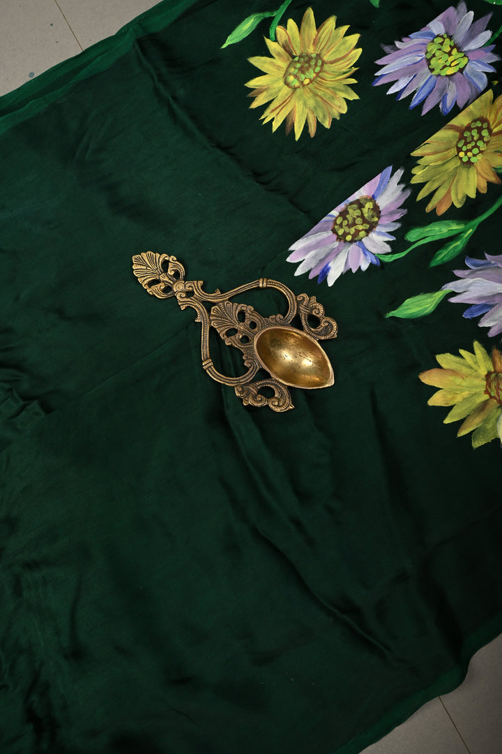 Bottle Green Modal Silk Saree with Blooming Daisy Flower Hand Painted and Lagda Patta Crushed Tissue Pallu | SHOBITAM