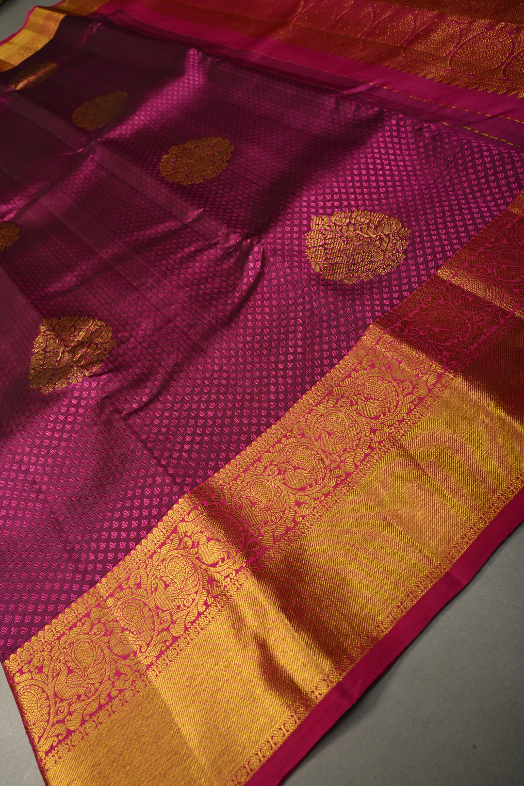 Magenta Dual Tone Self Brocade on Pure Kanjivaram Silk Handloom Saree with Damask Buttas and Zari Border| SILK MARK CERTIFIED | SHOBITAM