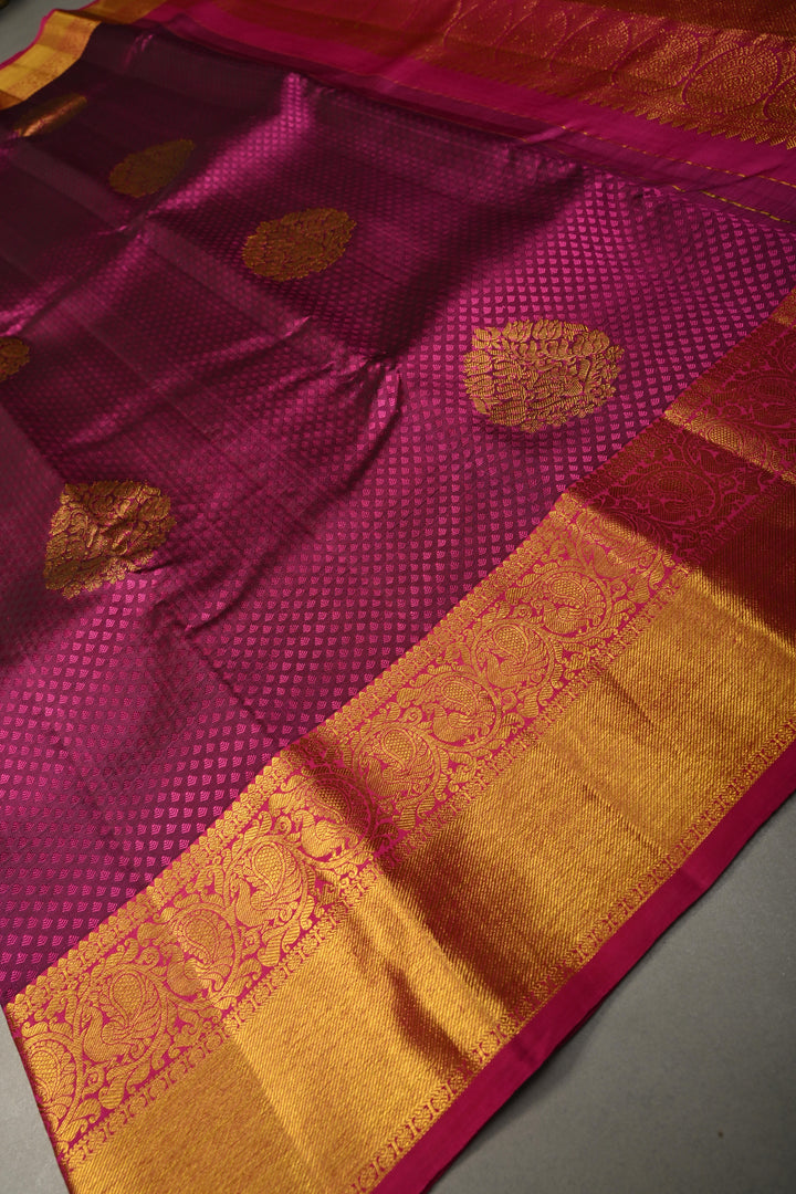 Magenta Dual Tone Self Brocade on Pure Kanjivaram Silk Handloom Saree with Damask Buttas and Zari Border| SILK MARK CERTIFIED | SHOBITAM