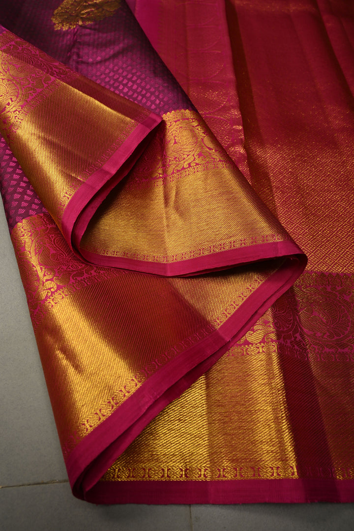 Magenta Dual Tone Self Brocade on Pure Kanjivaram Silk Handloom Saree with Damask Buttas and Zari Border| SILK MARK CERTIFIED | SHOBITAM