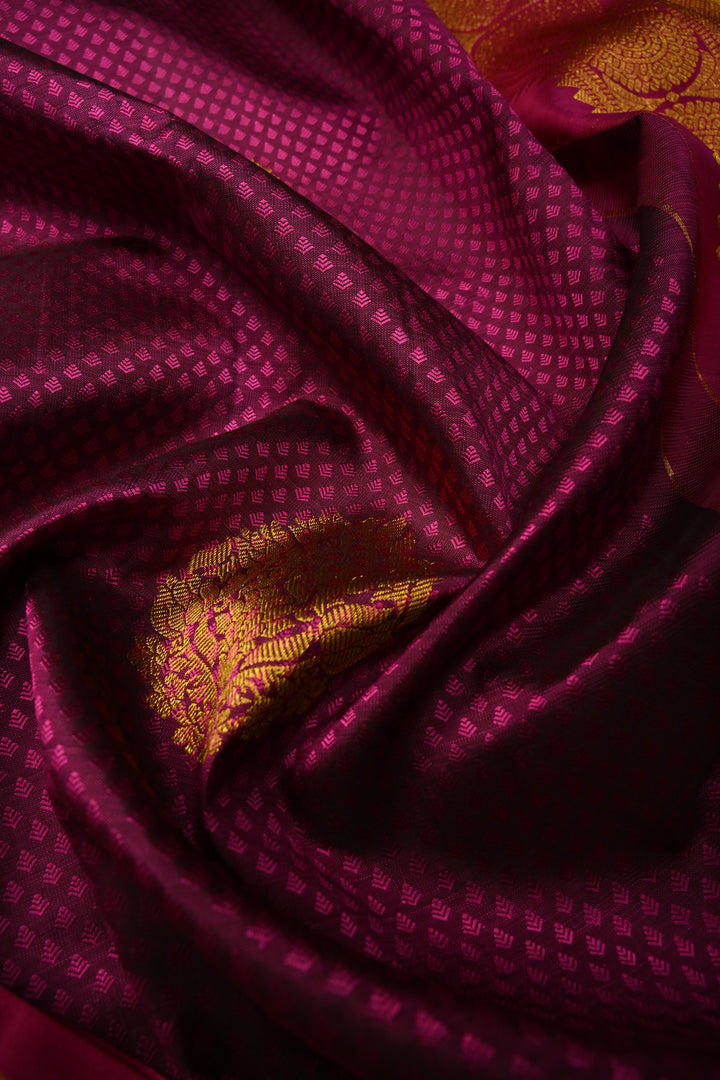 Magenta Dual Tone Self Brocade on Pure Kanjivaram Silk Handloom Saree with Damask Buttas and Zari Border| SILK MARK CERTIFIED | SHOBITAM