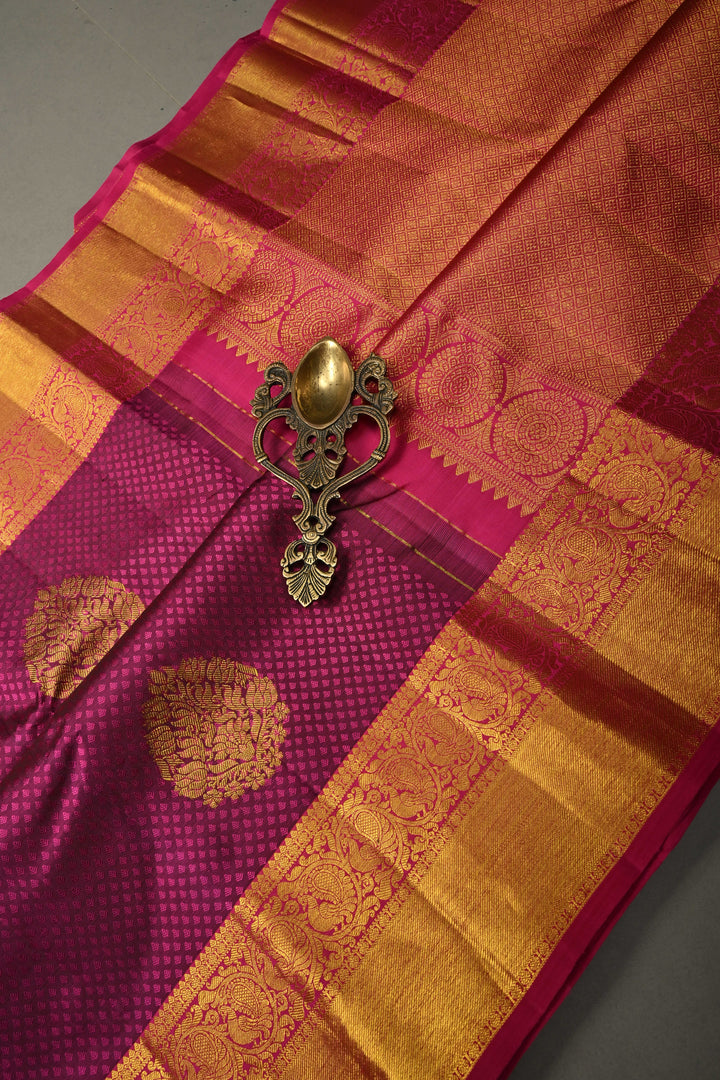 Magenta Dual Tone Self Brocade on Pure Kanjivaram Silk Handloom Saree with Damask Buttas and Zari Border| SILK MARK CERTIFIED | SHOBITAM
