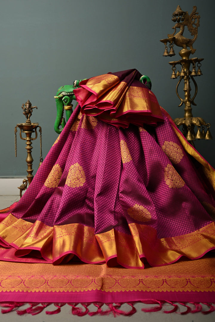 Magenta Dual Tone Self Brocade on Pure Kanjivaram Silk Handloom Saree with Damask Buttas and Zari Border| SILK MARK CERTIFIED | SHOBITAM