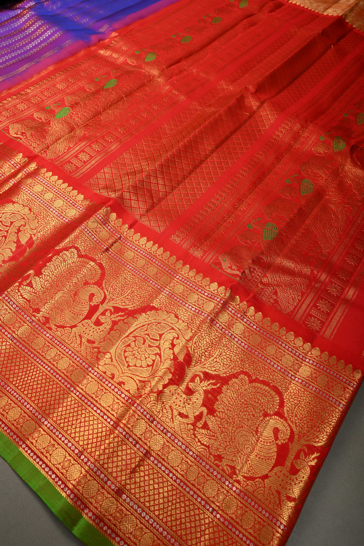 Pure Gadwal Silk Saree in Purple pink  Dual Tone with Ornate Zari Stripes and contrasting Red Wide Border | SILK MARK CERTIFIED | SHOBITAM