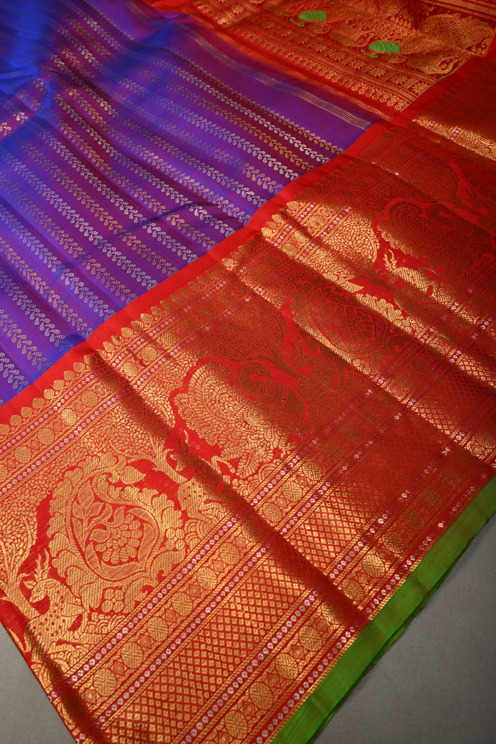 Pure Gadwal Silk Saree in Purple pink  Dual Tone with Ornate Zari Stripes and contrasting Red Wide Border | SILK MARK CERTIFIED | SHOBITAM