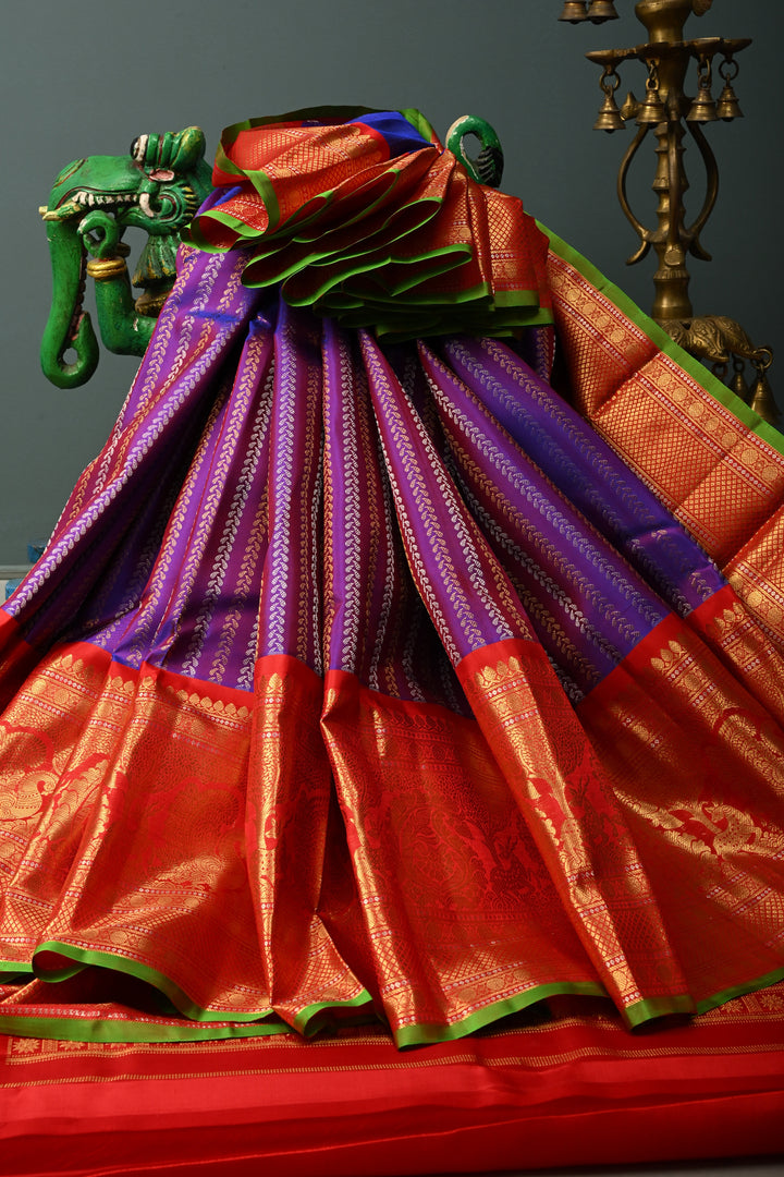 Pure Gadwal Silk Saree in Purple pink  Dual Tone with Ornate Zari Stripes and contrasting Red Wide Border | SILK MARK CERTIFIED | SHOBITAM