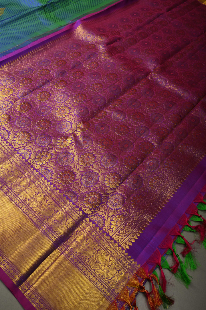 Peacock Blue-Green Dual Tone Self Brocade on Pure Kanjivaram Silk Handloom Saree with Damask Buttas and Contrast Zari Border| SILK MARK CERTIFIED | SHOBITAM