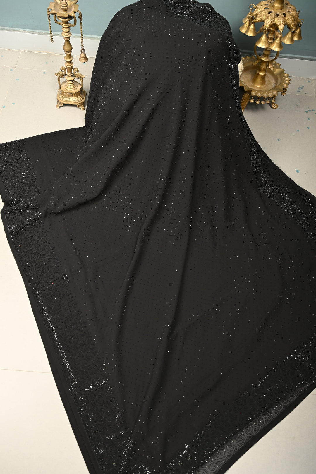 Stunning Black Georgette Saree with Tone on Tone Powder Stones Work and Border | SHOBITAM