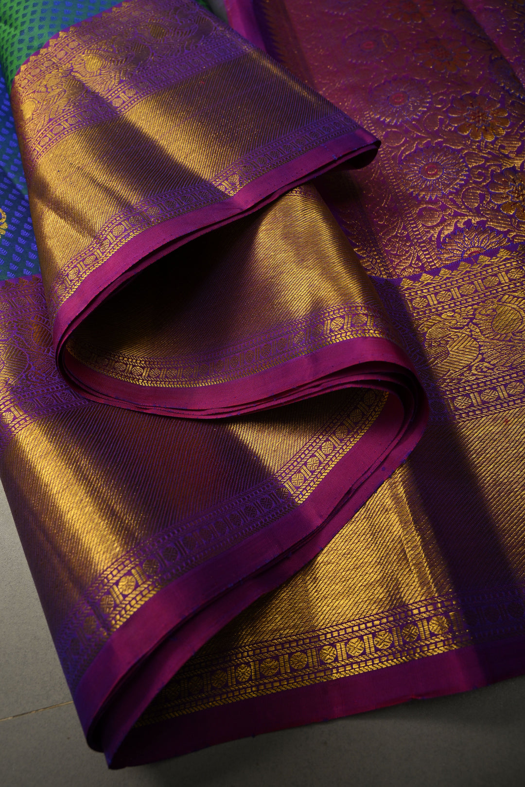 Peacock Blue-Green Dual Tone Self Brocade on Pure Kanjivaram Silk Handloom Saree with Damask Buttas and Contrast Zari Border| SILK MARK CERTIFIED | SHOBITAM