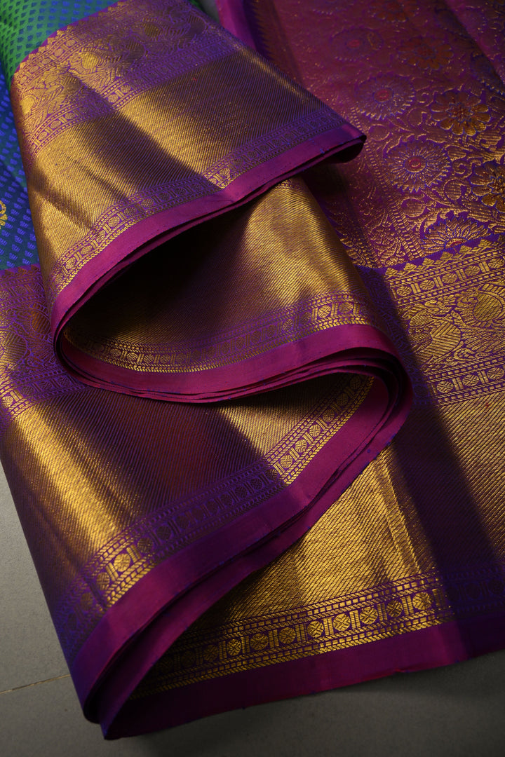 Peacock Blue-Green Dual Tone Self Brocade on Pure Kanjivaram Silk Handloom Saree with Damask Buttas and Contrast Zari Border| SILK MARK CERTIFIED | SHOBITAM