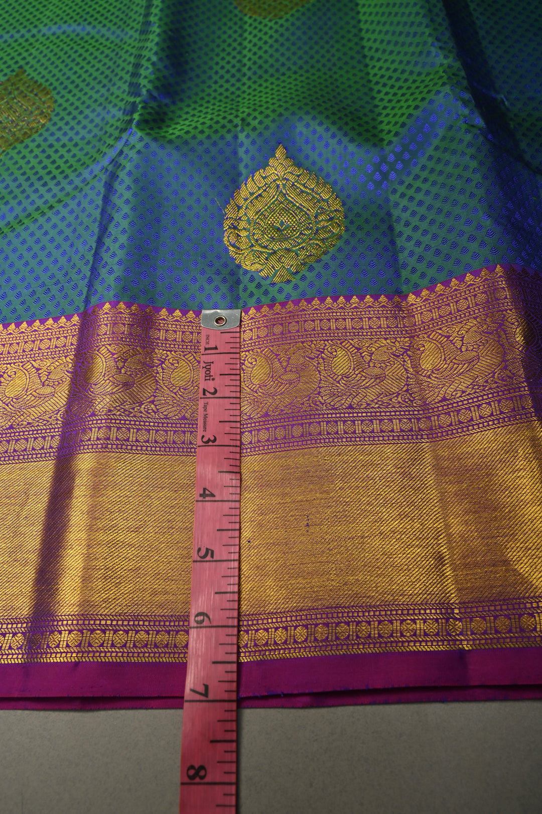 Peacock Blue-Green Dual Tone Self Brocade on Pure Kanjivaram Silk Handloom Saree with Damask Buttas and Contrast Zari Border| SILK MARK CERTIFIED | SHOBITAM