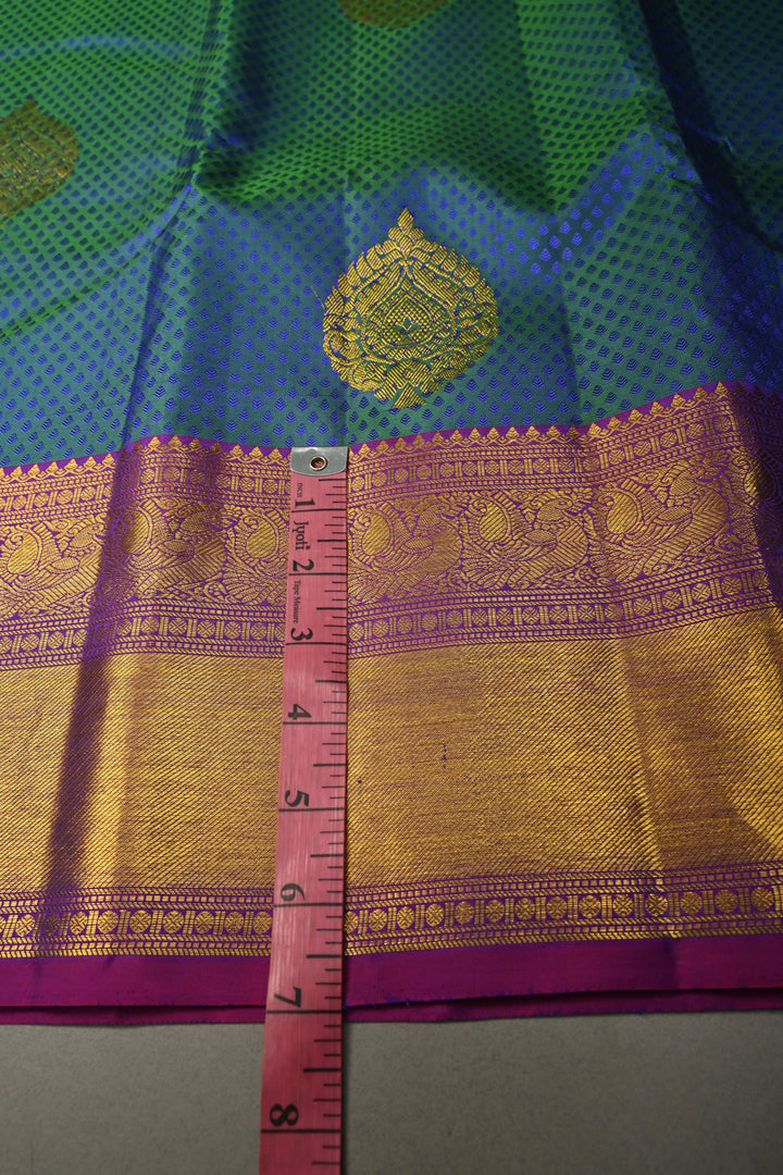 Peacock Blue-Green Dual Tone Self Brocade on Pure Kanjivaram Silk Handloom Saree with Damask Buttas and Contrast Zari Border| SILK MARK CERTIFIED | SHOBITAM