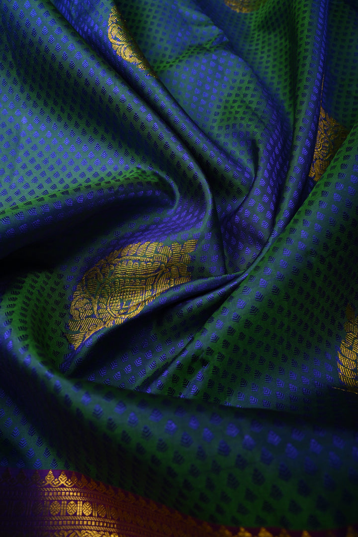 Peacock Blue-Green Dual Tone Self Brocade on Pure Kanjivaram Silk Handloom Saree with Damask Buttas and Contrast Zari Border| SILK MARK CERTIFIED | SHOBITAM