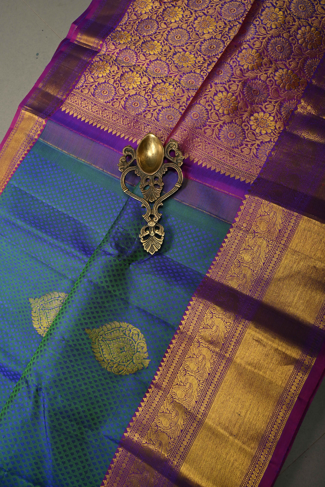 Peacock Blue-Green Dual Tone Self Brocade on Pure Kanjivaram Silk Handloom Saree with Damask Buttas and Contrast Zari Border| SILK MARK CERTIFIED | SHOBITAM