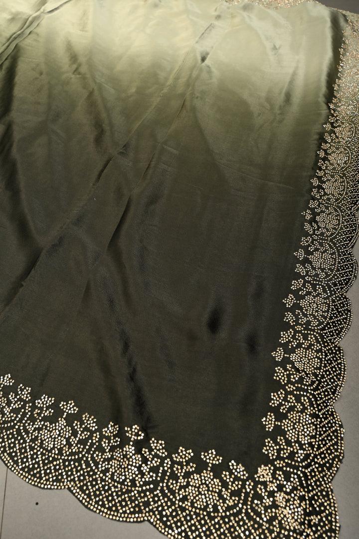 Shades of Green Ombre Satin Georgette Saree with Tone on Tone Powder Stones Work and Scallop Border | SHOBITAM