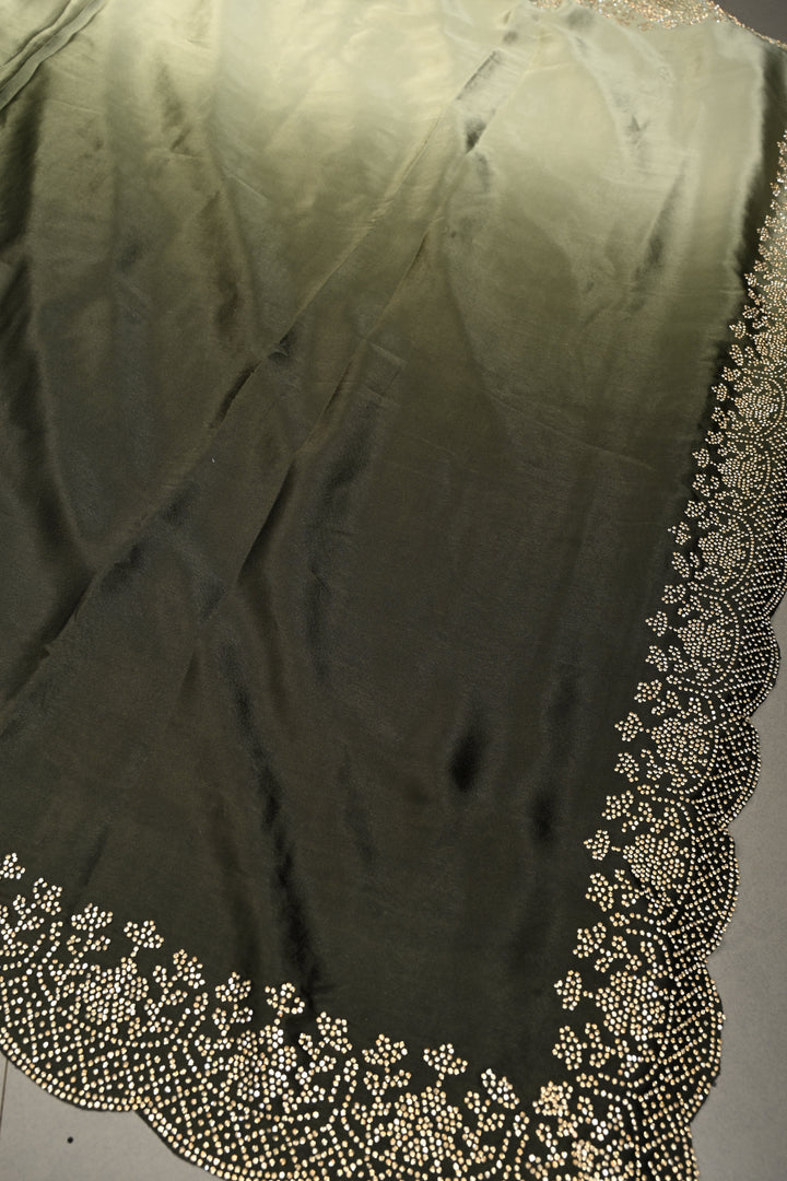 Shades of Green Ombre Satin Georgette Saree with Tone on Tone Powder Stones Work and Scallop Border | SHOBITAM