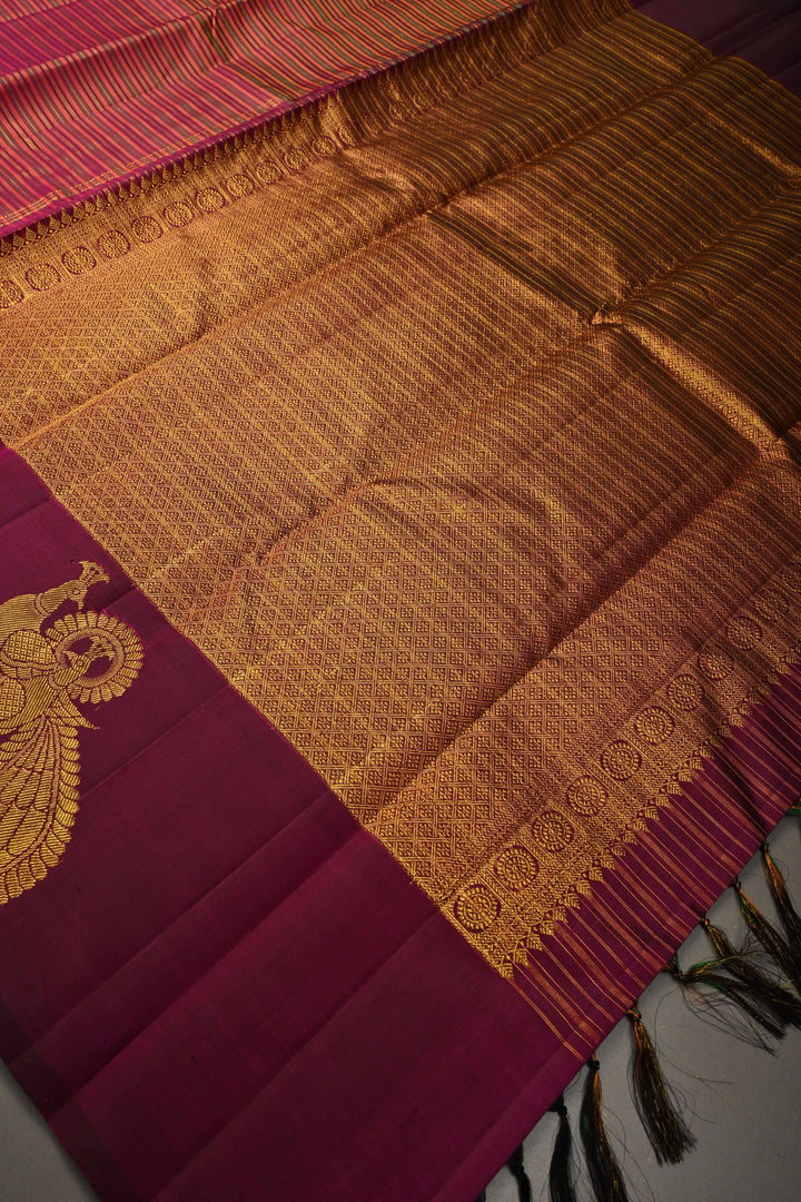 Multicolor Pure Kanjivaram Silk Handloom Saree with Horizontal Stripes and Distinct Twin Peacock Zari Motifs on Plum Border  | SILK MARK CERTIFIED | SHOBITAM