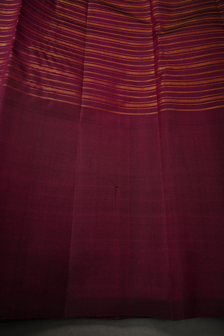 Multicolor Pure Kanjivaram Silk Handloom Saree with Horizontal Stripes and Distinct Twin Peacock Zari Motifs on Plum Border  | SILK MARK CERTIFIED | SHOBITAM