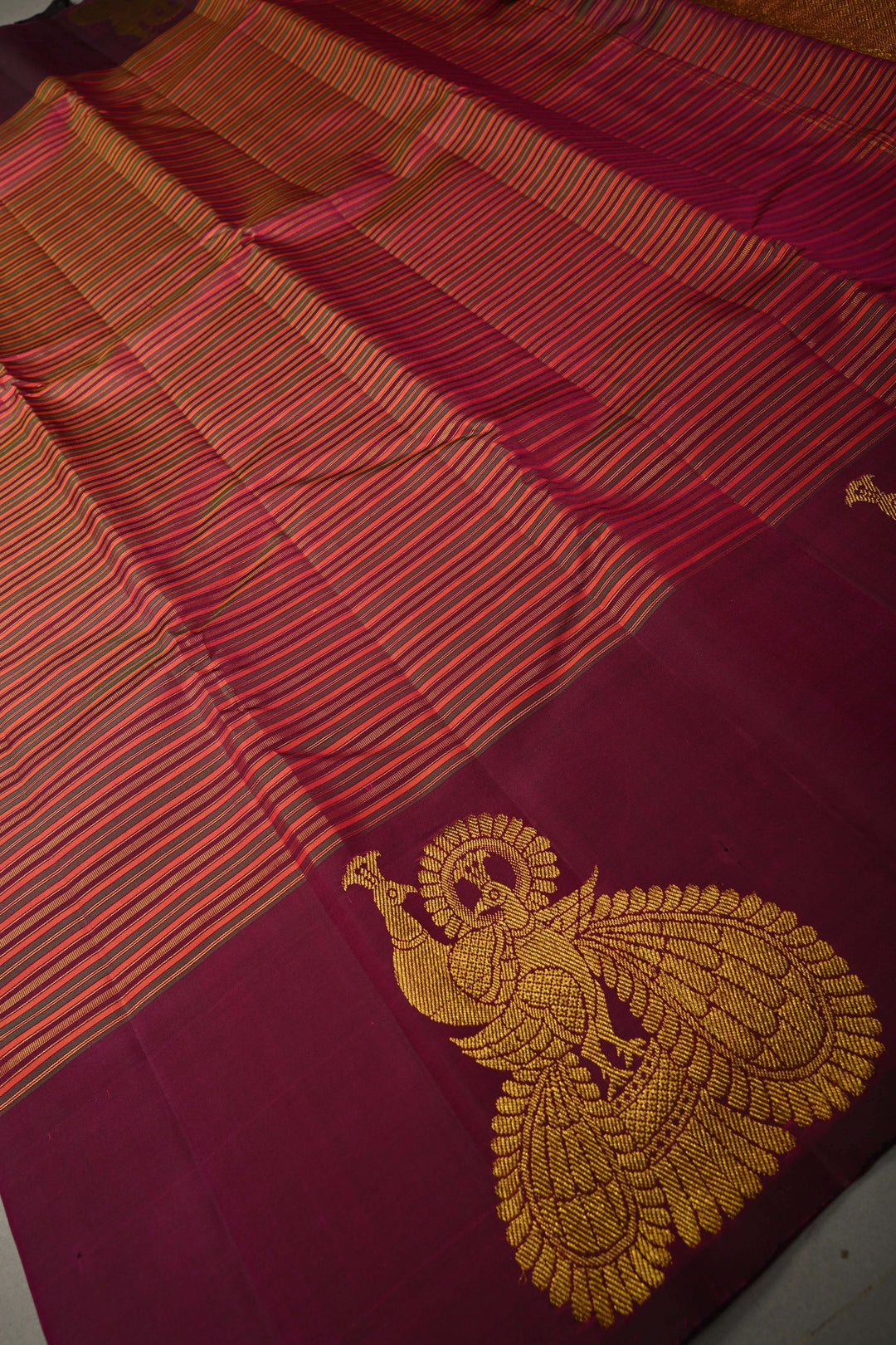 Multicolor Pure Kanjivaram Silk Handloom Saree with Horizontal Stripes and Distinct Twin Peacock Zari Motifs on Plum Border  | SILK MARK CERTIFIED | SHOBITAM