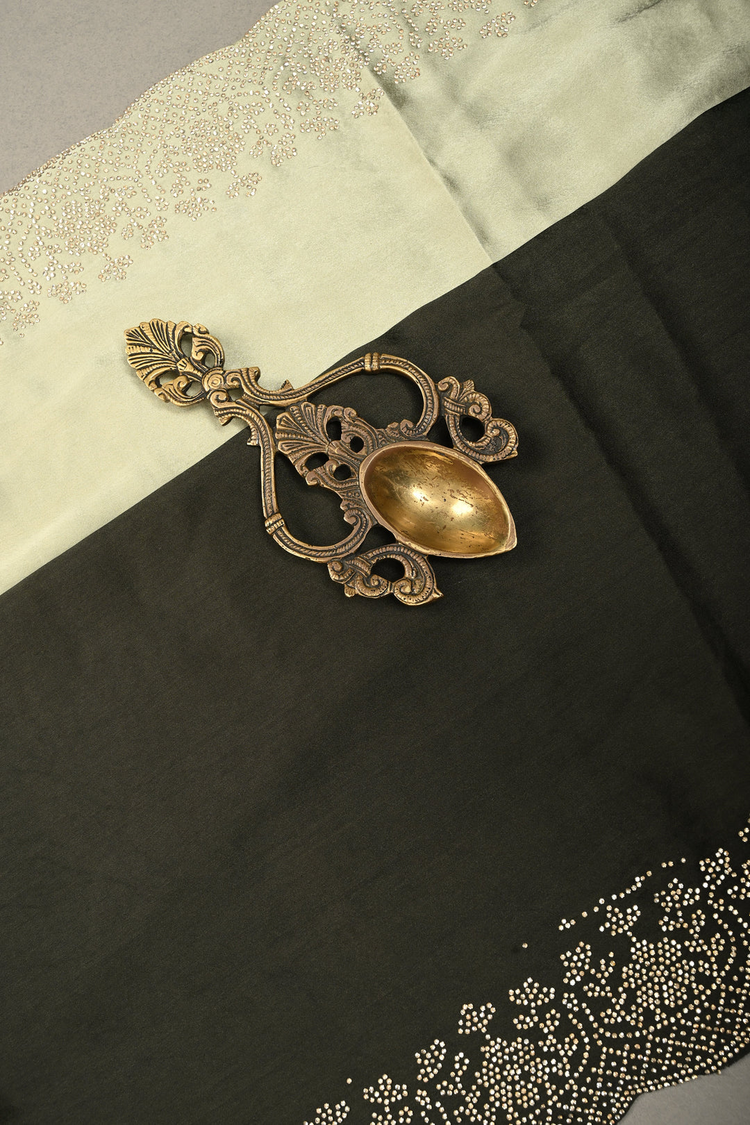 Shades of Green Ombre Satin Georgette Saree with Tone on Tone Powder Stones Work and Scallop Border | SHOBITAM
