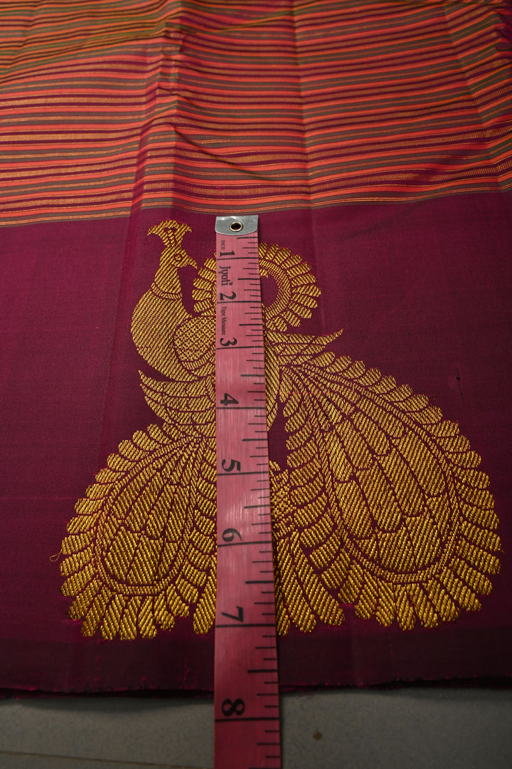 Multicolor Pure Kanjivaram Silk Handloom Saree with Horizontal Stripes and Distinct Twin Peacock Zari Motifs on Plum Border  | SILK MARK CERTIFIED | SHOBITAM